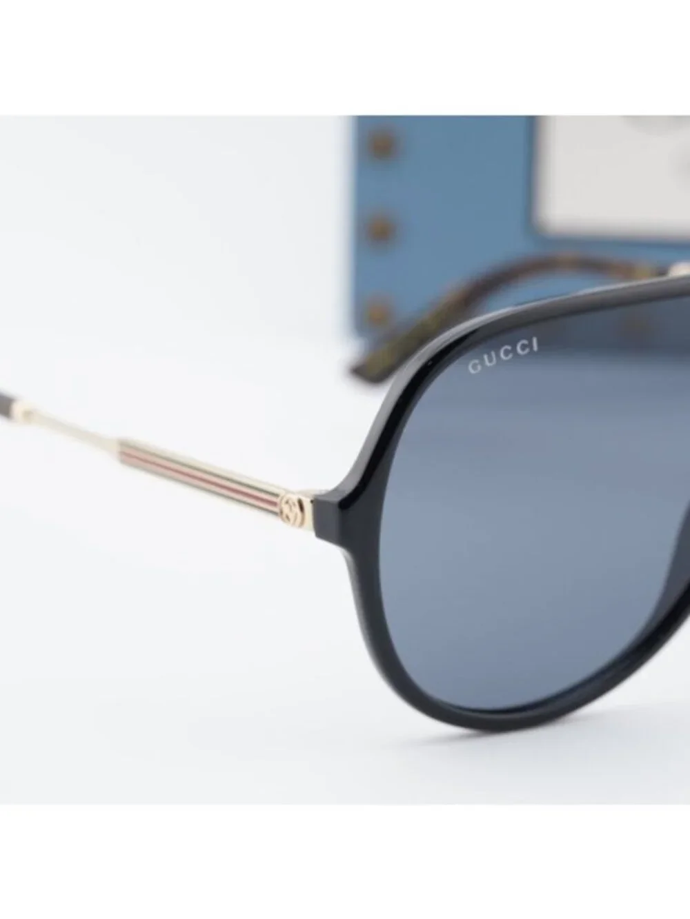 Gucci GG0199S 001 Shield Sunglasses - Shiny Black/Gold/Grey